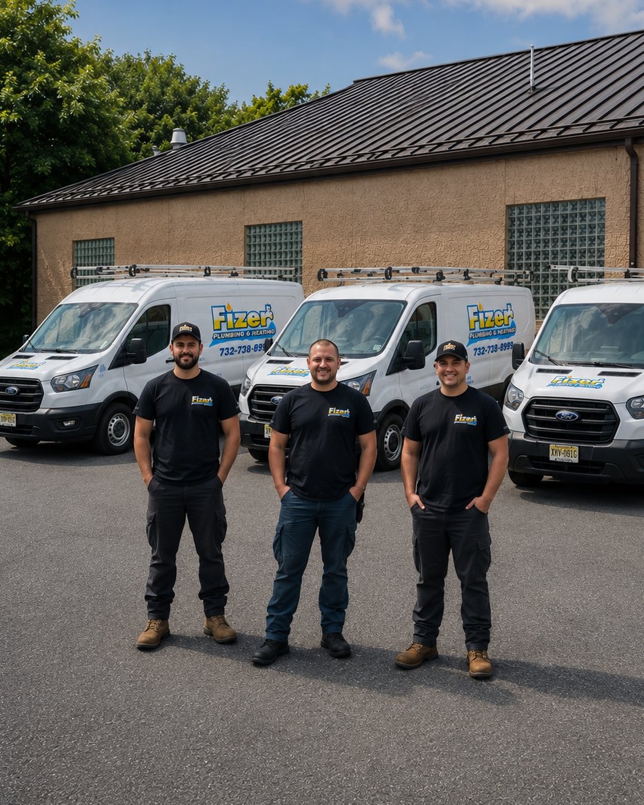 The Fizer Plumbing & Heating team in front of the service van fleet